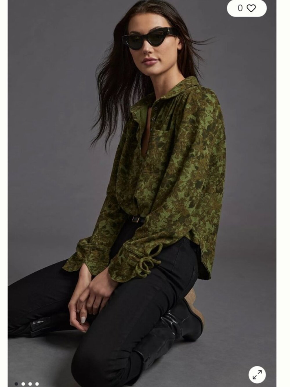 Pilcro Floral Puff Sleeves Top Women Medium Green Button-Down Fall Preppy Dainty